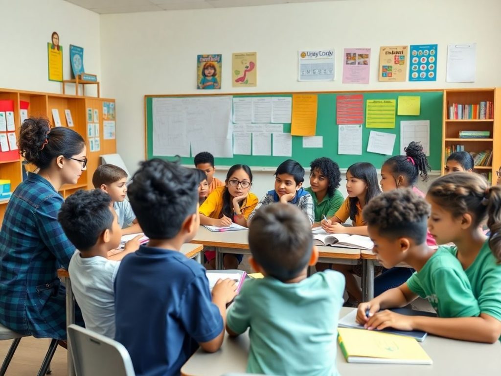 O clasă vibrantă cu elevi angajați în învățare colaborativă.