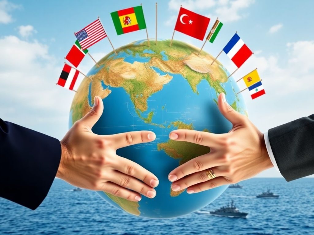 Hărți globale, steaguri naționale, mâini strânse, nave diplomatice.