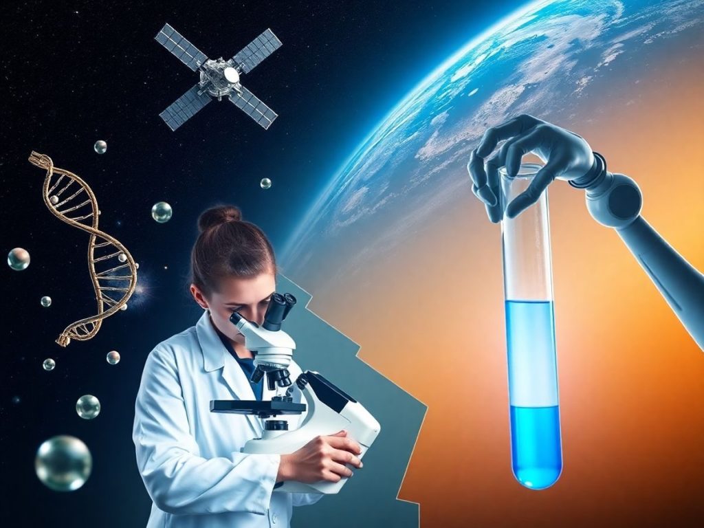 Cercetător la microscop, molecule ADN helică, satelit și braț robotic