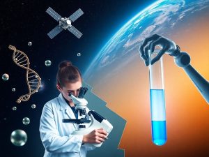 Cercetător la microscop, molecule ADN helică, satelit și braț robotic