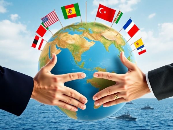 Hărți globale, steaguri naționale, mâini strânse, nave diplomatice.