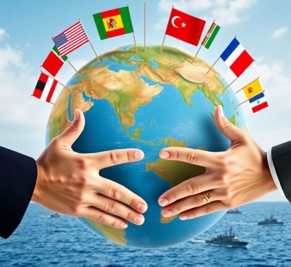 Hărți globale, steaguri naționale, mâini strânse, nave diplomatice.