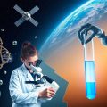 Cercetător la microscop, molecule ADN helică, satelit și braț robotic