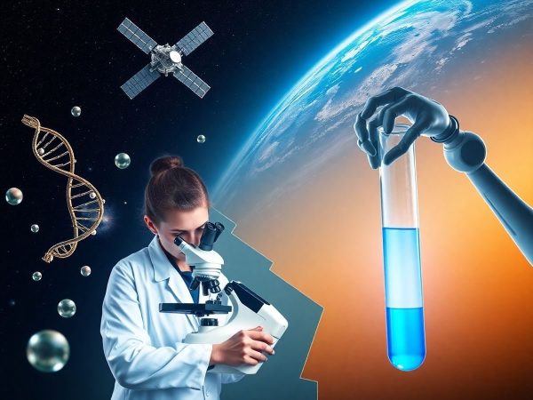 Cercetător la microscop, molecule ADN helică, satelit și braț robotic