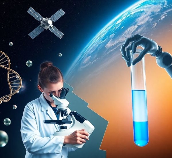 Cercetător la microscop, molecule ADN helică, satelit și braț robotic