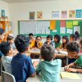 O clasă vibrantă cu elevi angajați în învățare colaborativă.