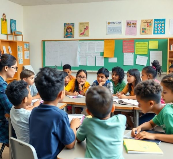 O clasă vibrantă cu elevi angajați în învățare colaborativă.