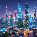 Peisaj urban futurist cu tehnologii avansate și grădini verticale.